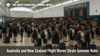 Travelers queue at Sydney Kingsford Smith as Australia New Zealand flight delays crowd the departures hall during a summer disruption wave