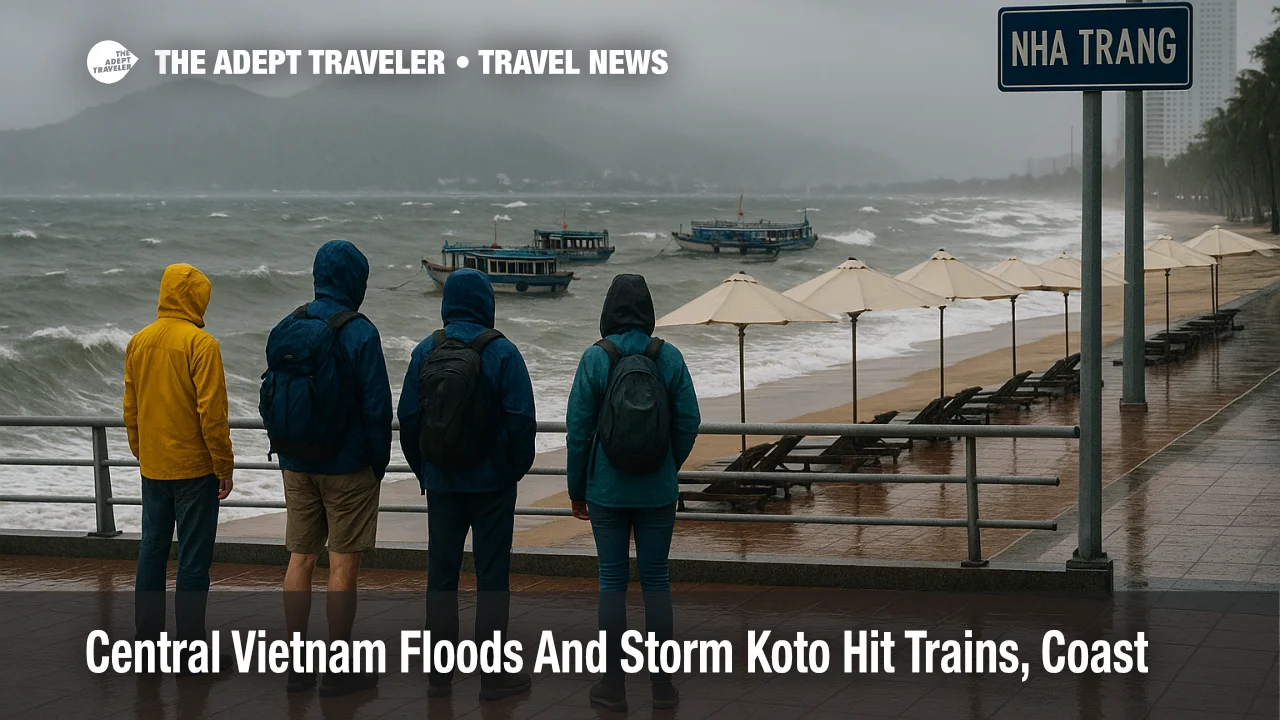 Travelers watch rough seas in Nha Trang as central Vietnam floods and Storm Koto halt coastal trips and keep tourist boats tied up in the harbor