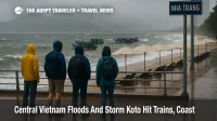Travelers watch rough seas in Nha Trang as central Vietnam floods and Storm Koto halt coastal trips and keep tourist boats tied up in the harbor