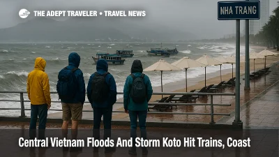 Travelers watch rough seas in Nha Trang as central Vietnam floods and Storm Koto halt coastal trips and keep tourist boats tied up in the harbor