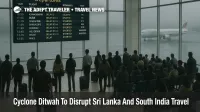 Cyclone Ditwah Sri Lanka travel disruption inside Colombo airport as passengers watch a departures board filled with delayed and diverted flights