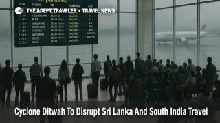 Cyclone Ditwah Sri Lanka travel disruption inside Colombo airport as passengers watch a departures board filled with delayed and diverted flights