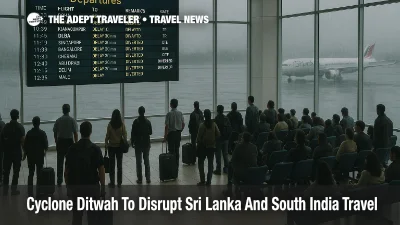 Cyclone Ditwah Sri Lanka travel disruption inside Colombo airport as passengers watch a departures board filled with delayed and diverted flights