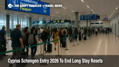 Travelers queue at Larnaca Airport passport control as Cyprus Schengen 90 day rule changes prepare to make island stays count toward wider Schengen limits
