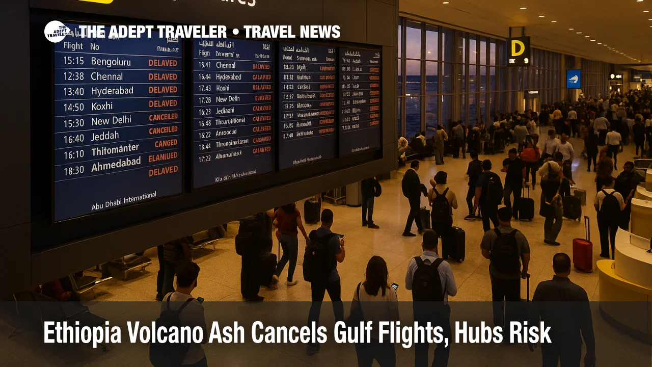 Travelers at Abu Dhabi Airport check boards as Ethiopia volcano ash Gulf flights disruption raises misconnect risk.