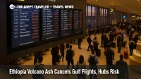 Travelers at Abu Dhabi Airport check boards as Ethiopia volcano ash Gulf flights disruption raises misconnect risk.