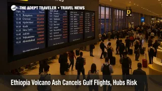 Travelers at Abu Dhabi Airport check boards as Ethiopia volcano ash Gulf flights disruption raises misconnect risk.