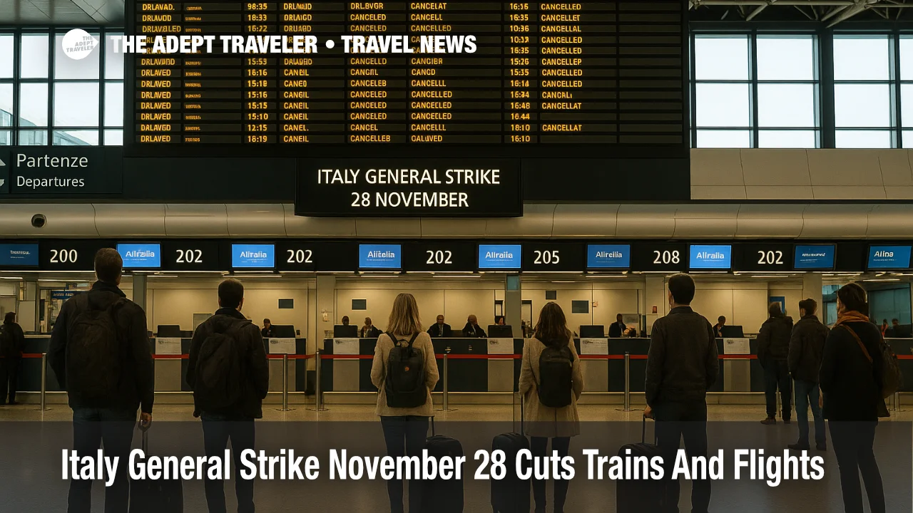 Travelers at Rome Fiumicino Airport during the Italy general strike flights November 28 disruption to schedules.