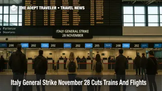 Travelers at Rome Fiumicino Airport during the Italy general strike flights November 28 disruption to schedules.