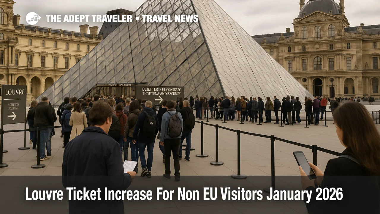 Visitors queue at the Louvre Museum pyramid entrance as the Louvre ticket price increase for non EU visitors reshapes Paris museum budgets.