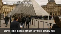 Visitors queue at the Louvre Museum pyramid entrance as the Louvre ticket price increase for non EU visitors reshapes Paris museum budgets.