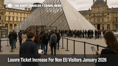 Visitors queue at the Louvre Museum pyramid entrance as the Louvre ticket price increase for non EU visitors reshapes Paris museum budgets.