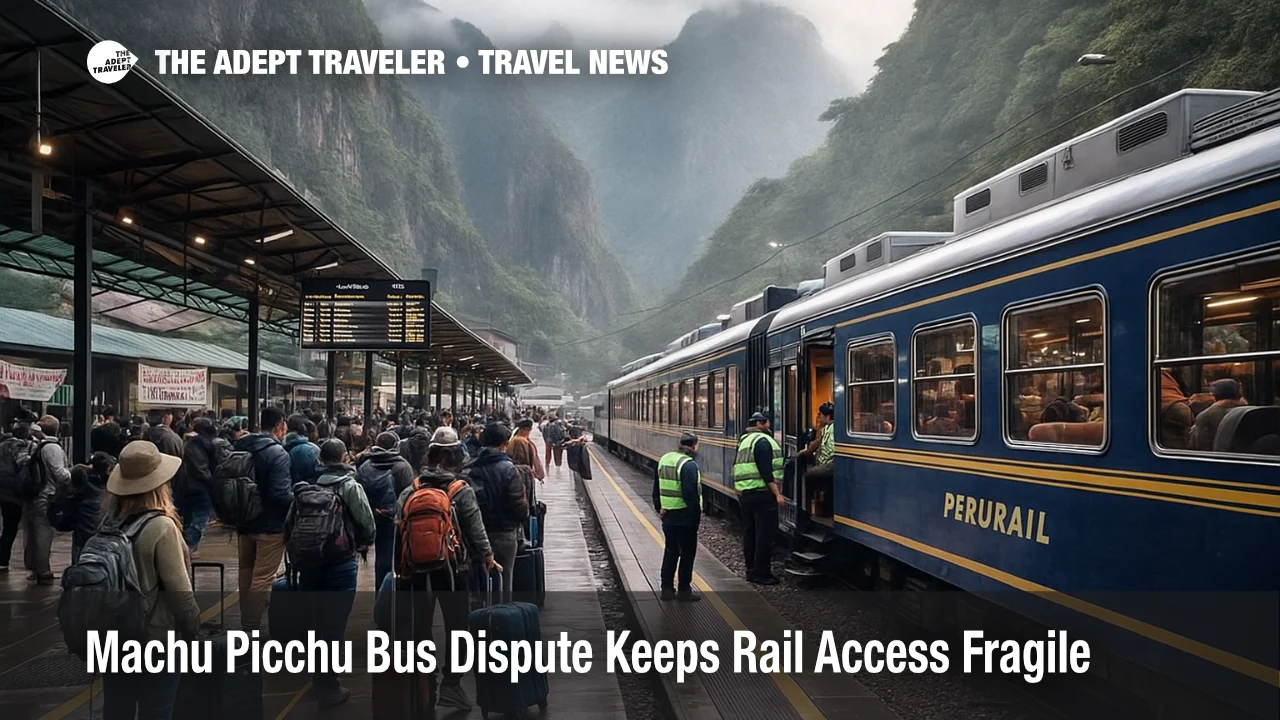 Tourists wait beside a train at Aguas Calientes station as the Machu Picchu bus dispute keeps rail access fragile and risks sudden closures