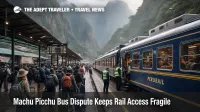 Tourists wait beside a train at Aguas Calientes station as the Machu Picchu bus dispute keeps rail access fragile and risks sudden closures