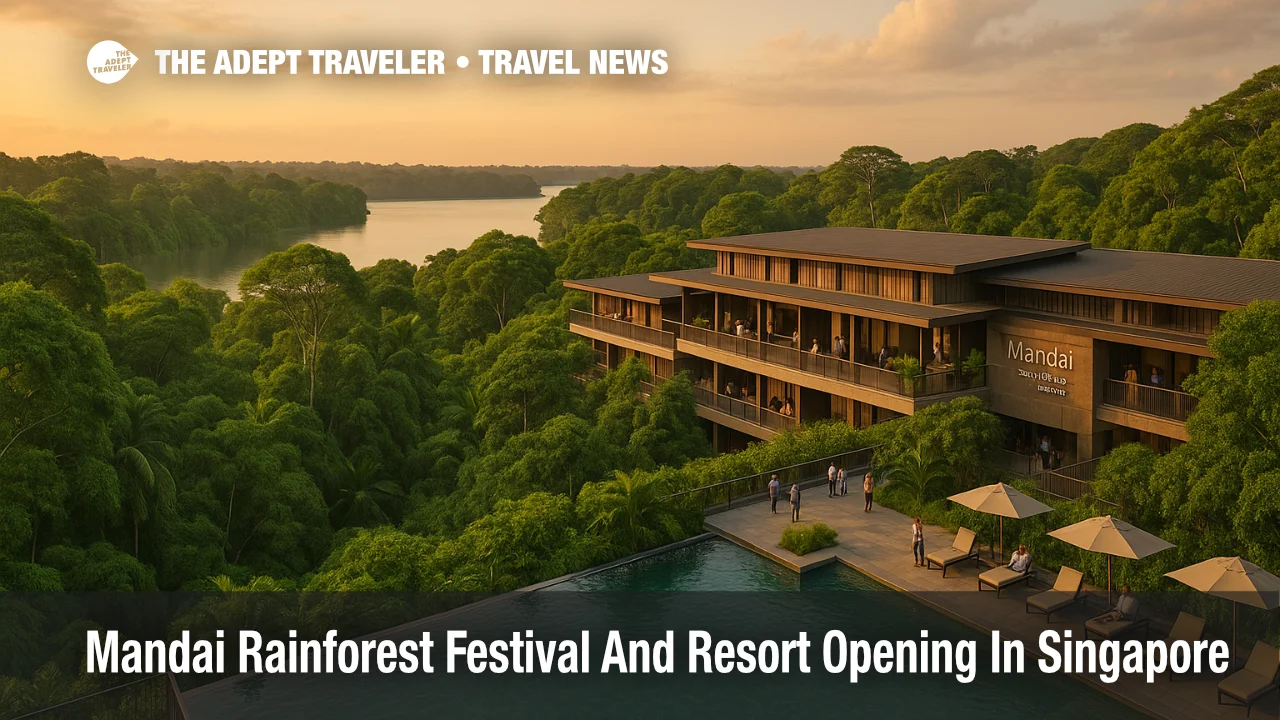 View over Mandai Rainforest Resort infinity pool toward Upper Seletar Reservoir during the Mandai Rainforest Festival in Singapore