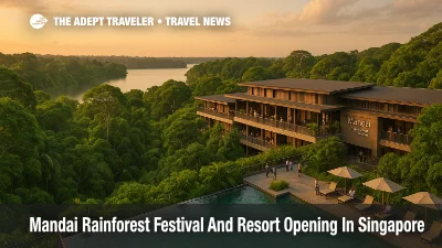 View over Mandai Rainforest Resort infinity pool toward Upper Seletar Reservoir during the Mandai Rainforest Festival in Singapore