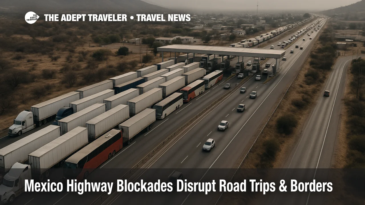 Aerial view of trucks and buses stopped at a Mexican toll road during Mexico highway blockades, creating long delays near a busy border corridor.