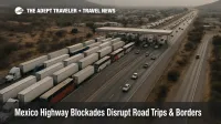 Aerial view of trucks and buses stopped at a Mexican toll road during Mexico highway blockades, creating long delays near a busy border corridor.