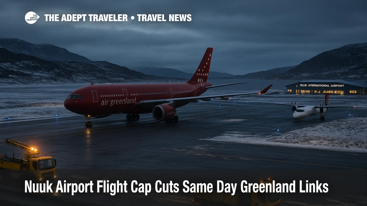 Apron at Nuuk International Airport (GOH) as Nuuk airport flight cap slows departures and stretches Greenland connections.
