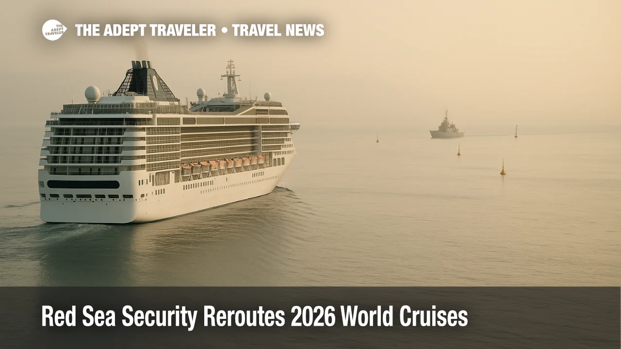 A large cruise ship alters course in a hazy Red Sea corridor, illustrating how Red Sea security reroutes cruises away from the Bab el Mandeb and Suez.