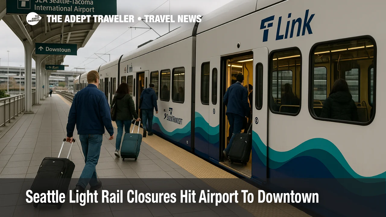 Travelers with luggage board a Link train at Seattle Tacoma Airport station as Seattle light rail closures add time to airport to downtown trips