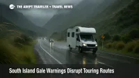 Campervan on wet South Island highway under gale warnings as strong winds and rain make driving routes near Arthurs Pass slower and more hazardous