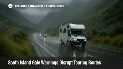 Campervan on wet South Island highway under gale warnings as strong winds and rain make driving routes near Arthurs Pass slower and more hazardous
