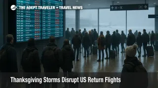 Travelers watch a departures board at Chicago O Hare as Thanksgiving storms disrupt US flights during the busy return travel weekend