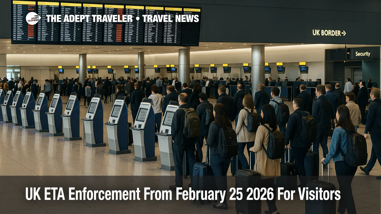 Travelers queue at London Heathrow check in as new UK ETA requirement February 25 2026 adds mandatory pre travel permit checks for visitors