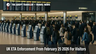 Travelers queue at London Heathrow check in as new UK ETA requirement February 25 2026 adds mandatory pre travel permit checks for visitors