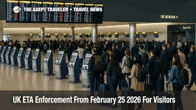 Travelers queue at London Heathrow check in as new UK ETA requirement February 25 2026 adds mandatory pre travel permit checks for visitors