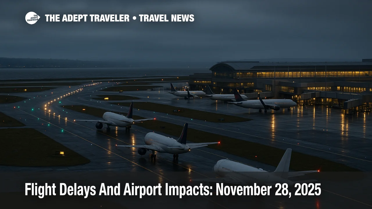 Post Thanksgiving US flight delays November 28 2025 as jets queue at a windy Northeast hub with low clouds hanging over the runway and terminal.