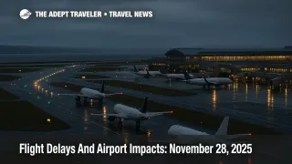 Post Thanksgiving US flight delays November 28 2025 as jets queue at a windy Northeast hub with low clouds hanging over the runway and terminal.