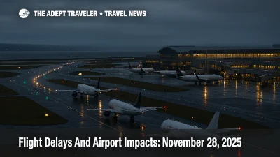Post Thanksgiving US flight delays November 28 2025 as jets queue at a windy Northeast hub with low clouds hanging over the runway and terminal.