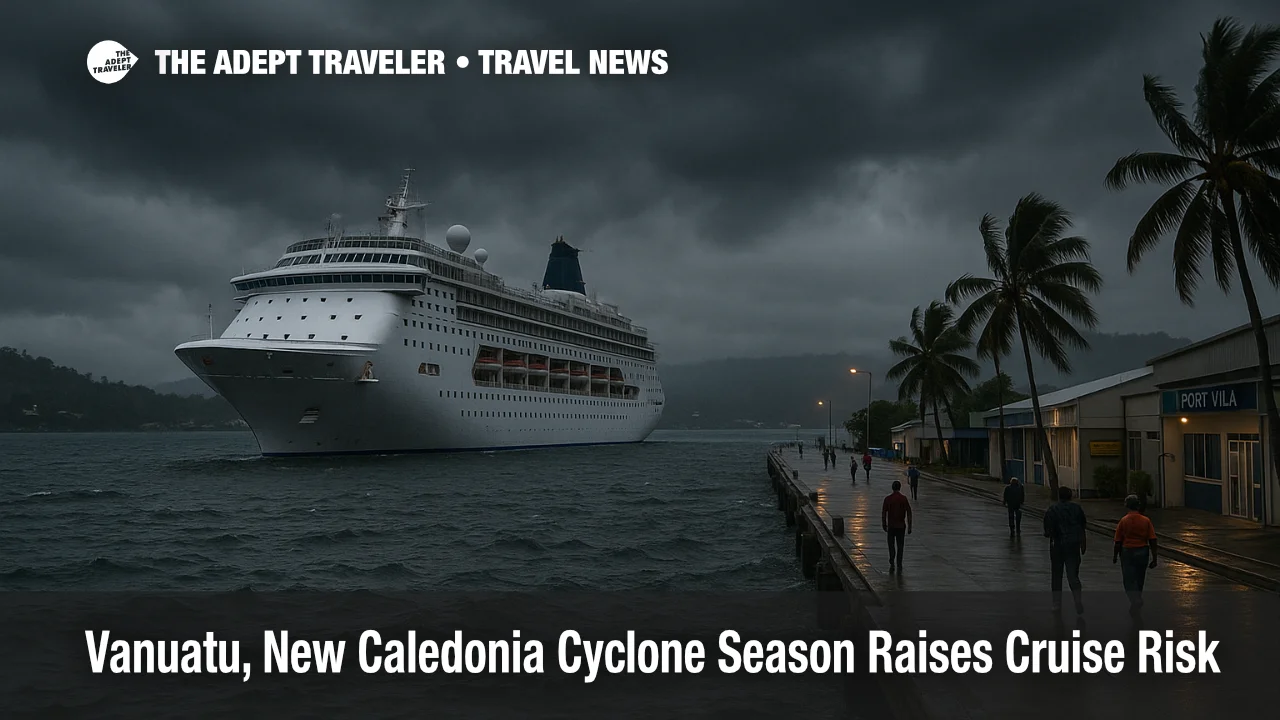 Cruise ship in Port Vila harbor under heavy clouds as cyclone season threatens Vanuatu New Caledonia cyclone cruises
