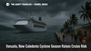 Cruise ship in Port Vila harbor under heavy clouds as cyclone season threatens Vanuatu New Caledonia cyclone cruises