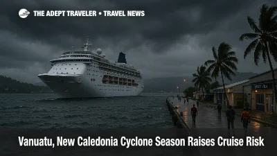 Cruise ship in Port Vila harbor under heavy clouds as cyclone season threatens Vanuatu New Caledonia cyclone cruises