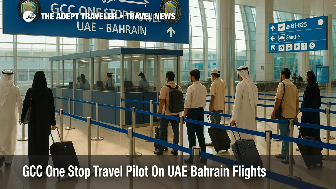 Travelers queue at Dubai International Airport for a GCC one stop travel system checkpoint on UAE Bahrain flights with joint border controls