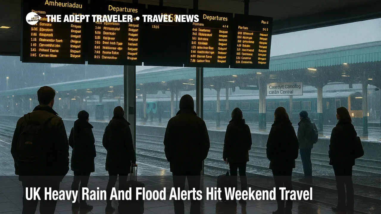 Passengers watch delay boards at Cardiff Central as UK heavy rain travel disruption and flood alerts slow weekend trains across south Wales