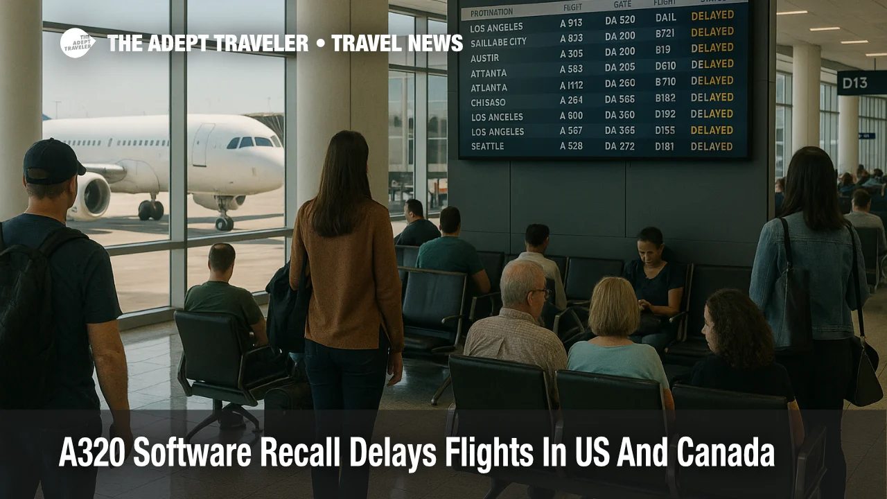 Travelers wait at Dallas Fort Worth as the A320 software recall disrupts US and Canada flights, with delayed departures shown on the concourse board