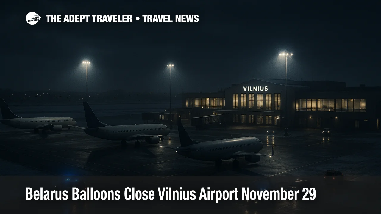 Nighttime scene of grounded jets during Belarus balloons Vilnius airport closure, with snow, empty gates, and service vehicles signaling disrupted Baltic flights.