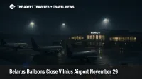 Nighttime scene of grounded jets during Belarus balloons Vilnius airport closure, with snow, empty gates, and service vehicles signaling disrupted Baltic flights.