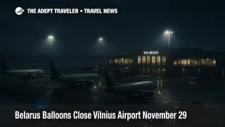 Nighttime scene of grounded jets during Belarus balloons Vilnius airport closure, with snow, empty gates, and service vehicles signaling disrupted Baltic flights.