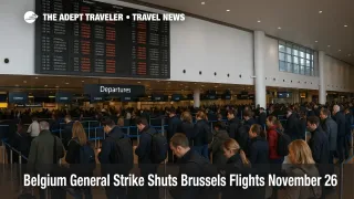 Passengers queue under a departures board at Brussels Airport as the Belgium strike Brussels flights disruption leaves many November 26 flights cancelled