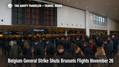 Passengers queue under a departures board at Brussels Airport as the Belgium strike Brussels flights disruption leaves many November 26 flights cancelled