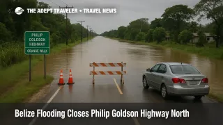 Flooded Philip Goldson Highway near Orange Walk shows Belize flooding Philip Goldson Highway blocking traffic on the main road north