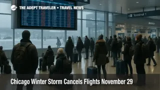 Travelers watch departure boards at Chicago O Hare as a winter storm causes widespread Chicago winter storm flights delays and cancellations across the Midwest