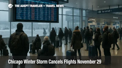 Travelers watch departure boards at Chicago O Hare as a winter storm causes widespread Chicago winter storm flights delays and cancellations across the Midwest