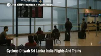 Travelers wait at Bandaranaike Airport as Cyclone Ditwah Sri Lanka travel disruption causes flight cancellations and delays