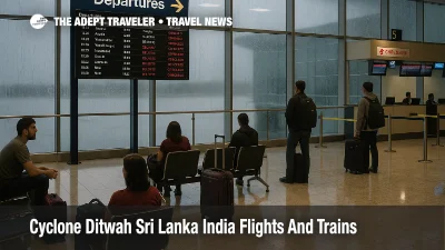 Travelers wait at Bandaranaike Airport as Cyclone Ditwah Sri Lanka travel disruption causes flight cancellations and delays